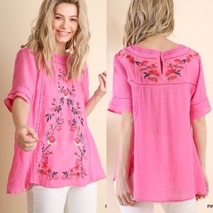 ⚡LAST MED⚡Pink Boho Floral Embroidered Shirt